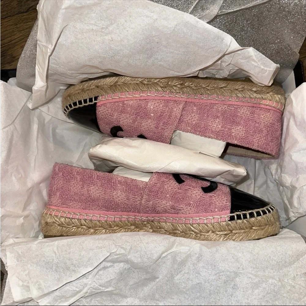CHANEL Pink and Black Logo Espadrilles - Picture 10 of 11